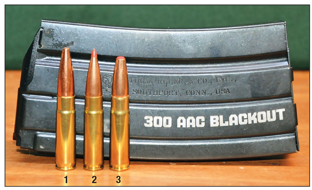 The Mini-14 fed subsonic 300 Blackout loads with bullets of various nose profiles from its 20-round steel magazine without a single malfunction: (1) 194-grain Lehigh Defense Maximum Expansion, (2) 208-grain Hornady A-MAX and (3) 190-grain Hornady SUB-X.